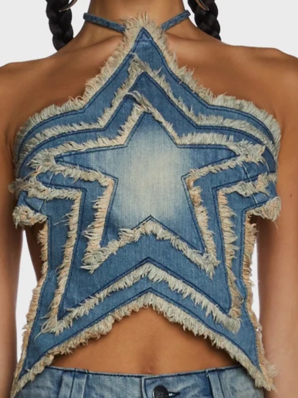 ROMWE Distressed Denim Halter Crop Top - Blue